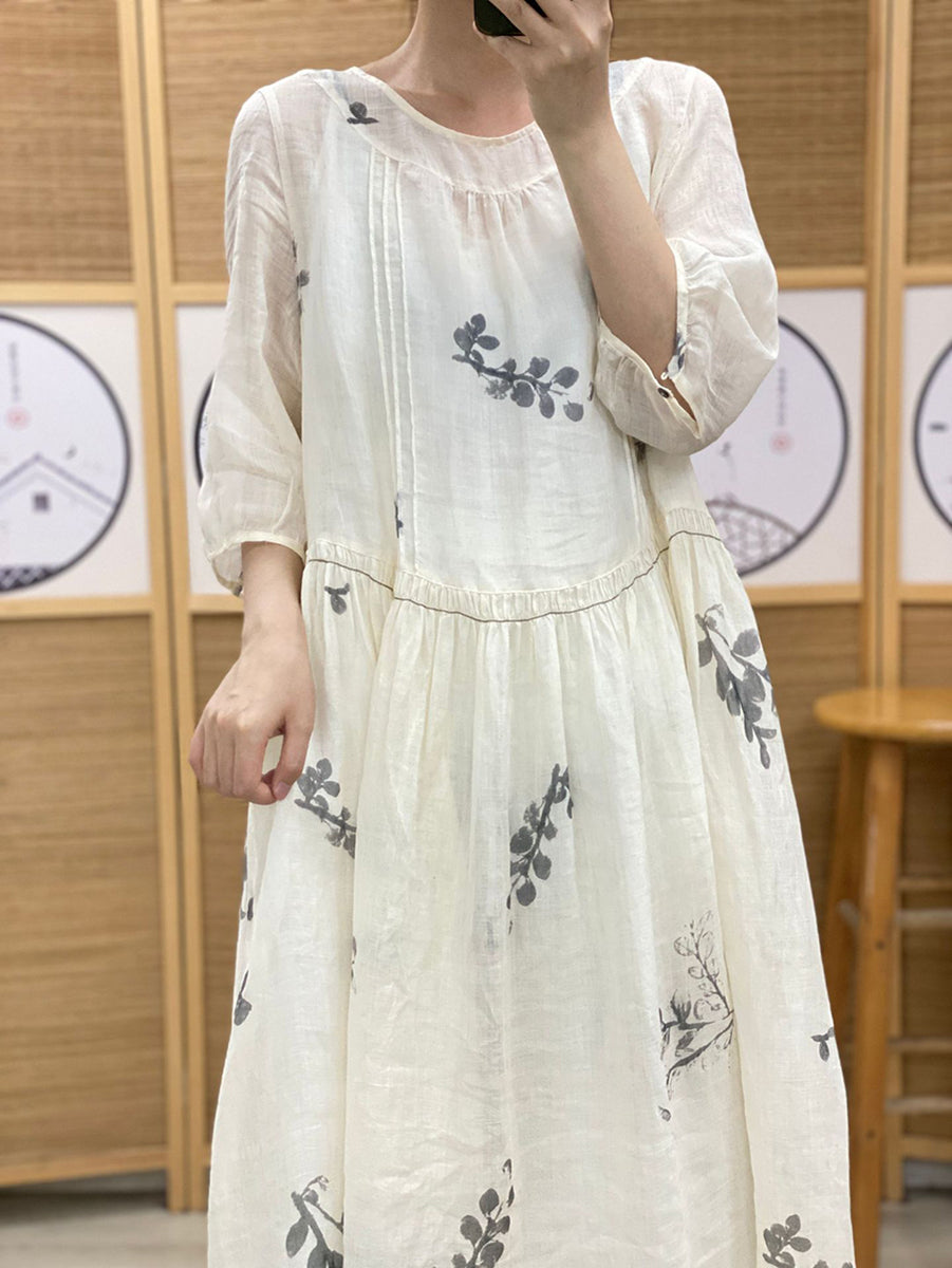 Plus Size Damen Vintage Sommer Ethno Blatt Falten Ramie Kleid