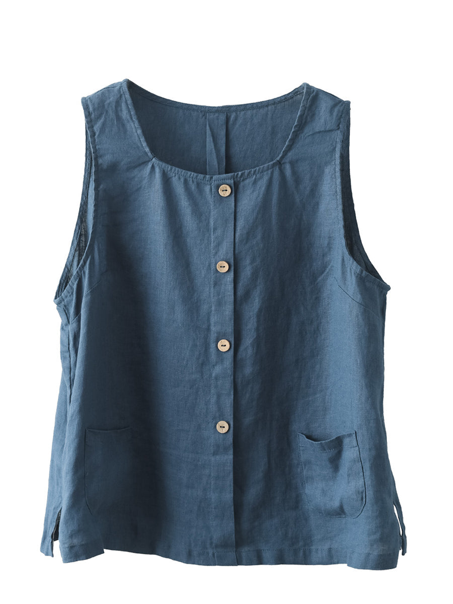 Plus Size Damen Sommer Weste mit loser Knopfleiste und Tasche aus 100% Leinen