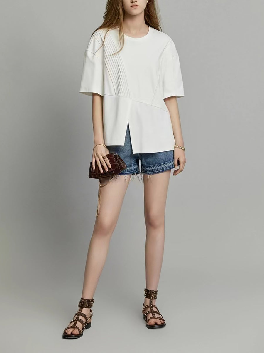 Plus Size Damen Sommer Casual Split Saum Falten Spliced Solid Shirt