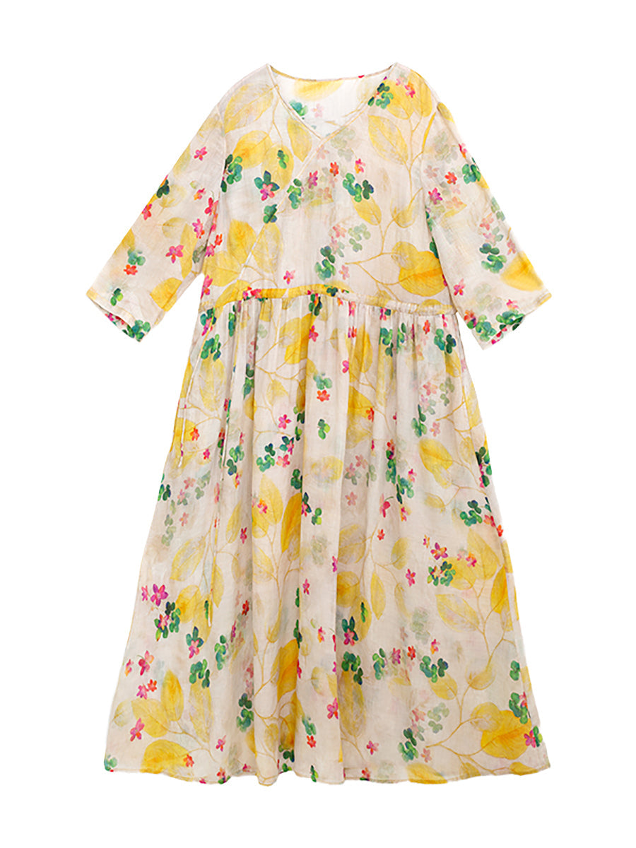 Übergröße Damen Sommer Prairie Chic Blumen V-Ausschnitt Ramie Kleid