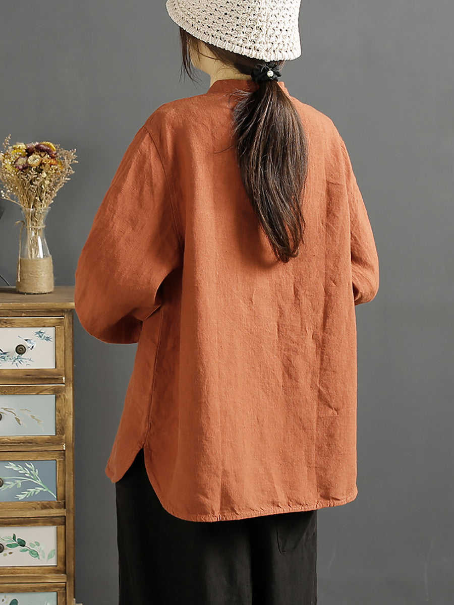 Plus Size Damen Retro Frühlingsknopf O-Ausschnitt Leinenhemd