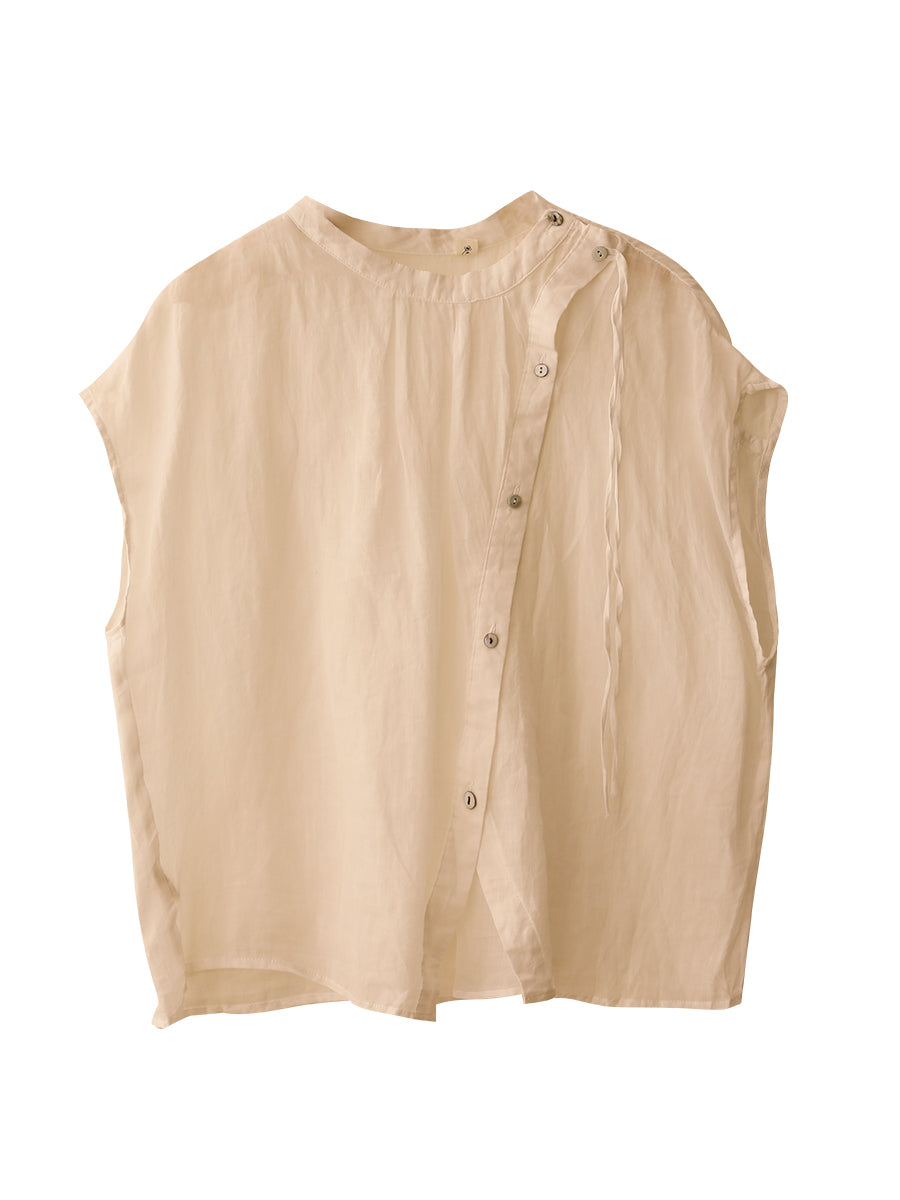Übergröße Damen Vintage Sommer O-Ausschnitt Knopf Ramie Hemd