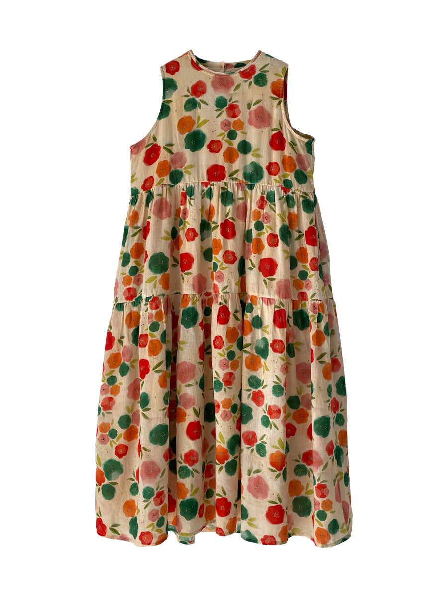 Plus Size Damen Sommer süßes Blumenmuster gespleißtes Falten-Westenkleid mit O-Ausschnitt