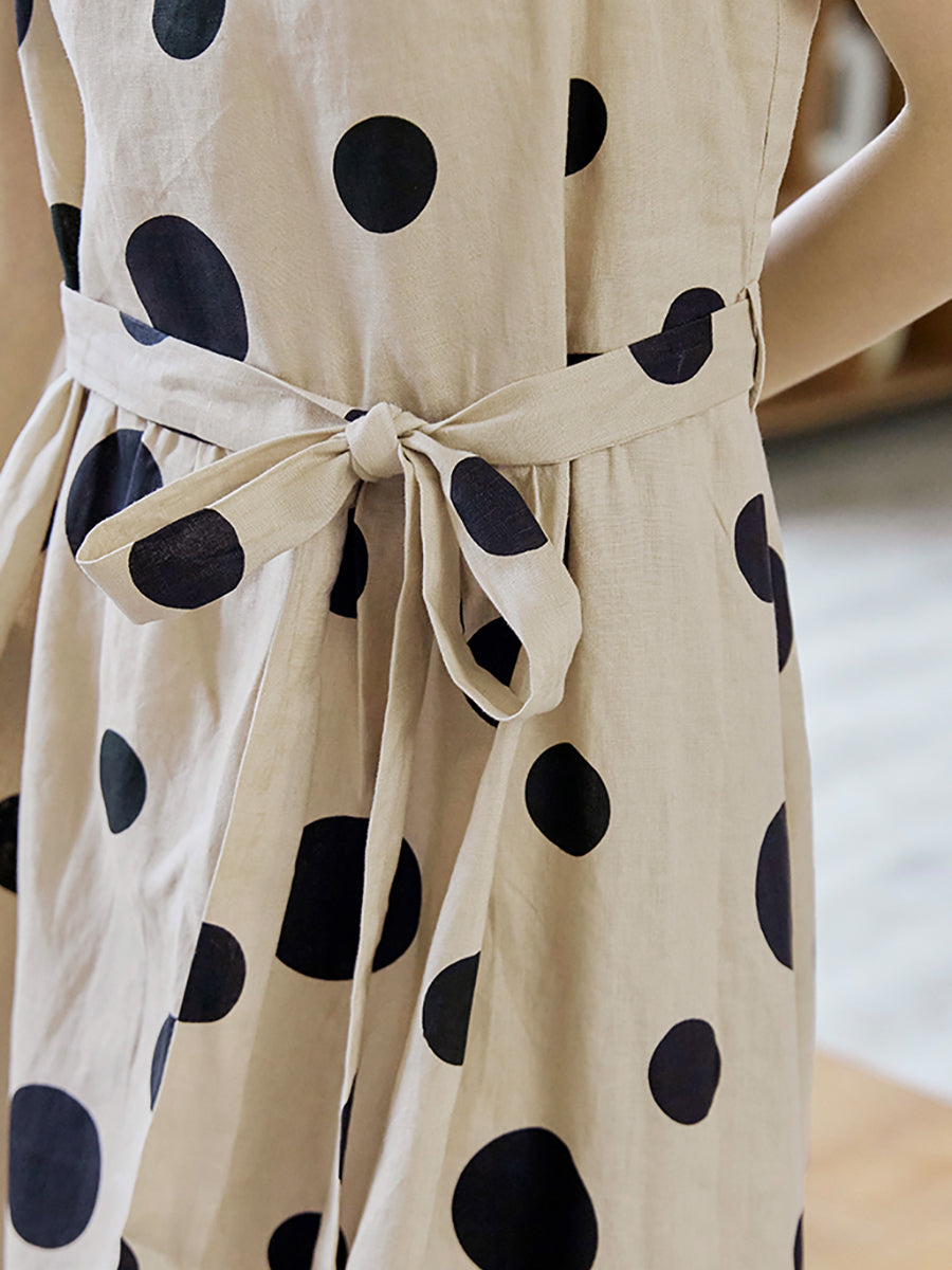 Übergröße Damen Sommer Casual Dot Kordelzug Leinen Weste Kleid