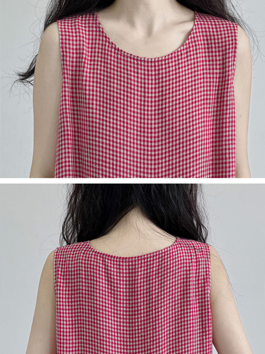 Übergröße Damen Sommer kariertes lockeres Westenkleid