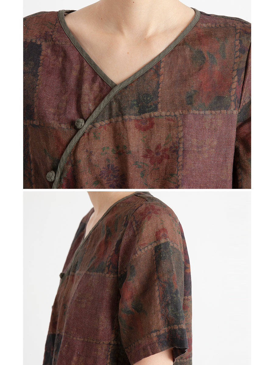 Chemise d'été en lin à imprimé floral vintage pour femme grande taille