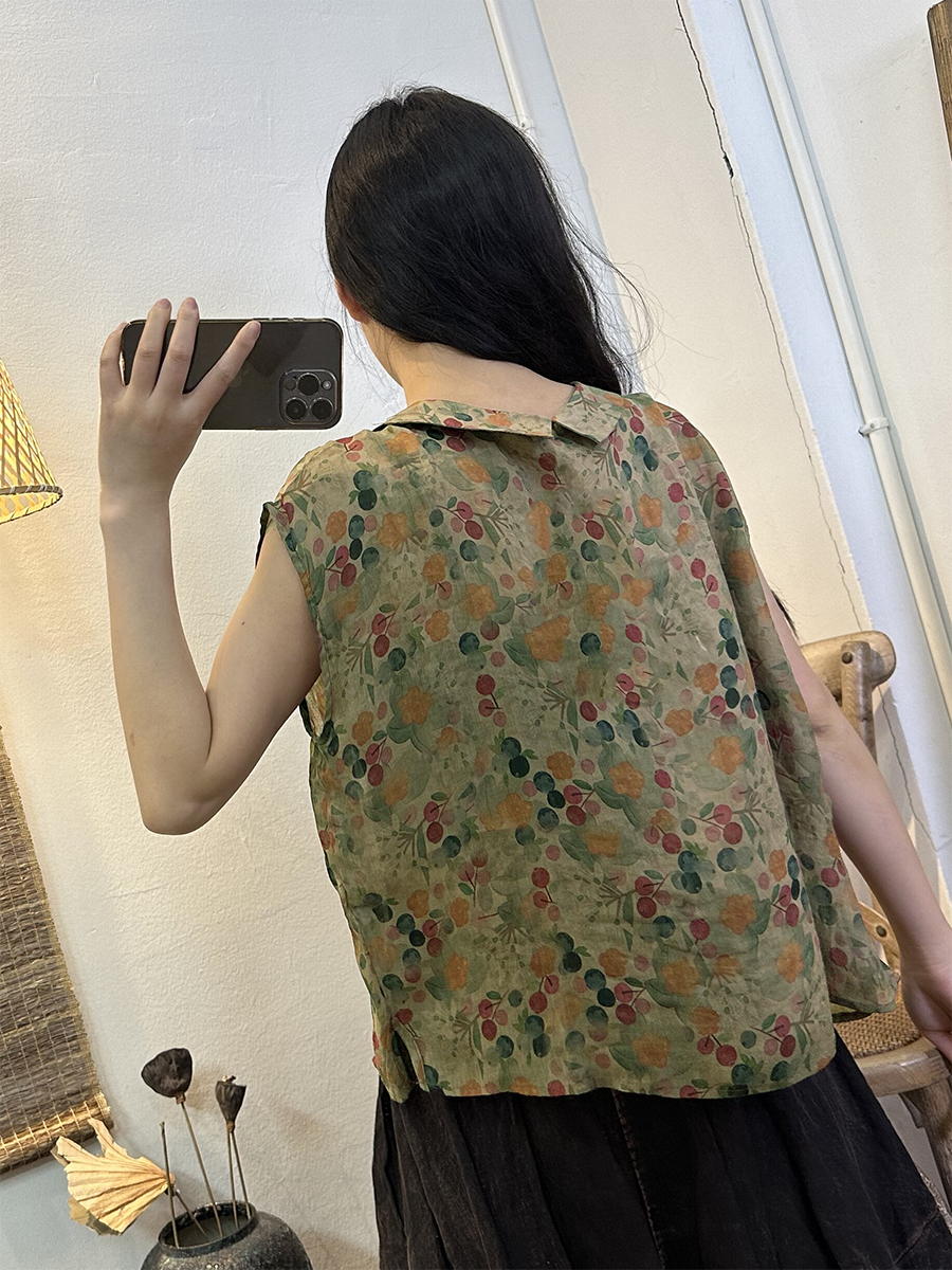 Übergröße Damen Sommer Vintage Blumenknopf Ramie Shirt