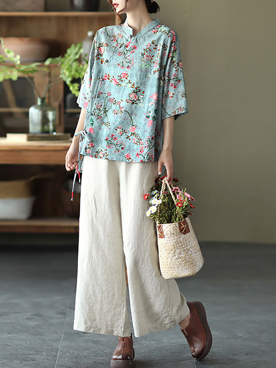 Große Größen - Baumwoll-Leinen-Hemd mit unregelmäßigem Blumenmuster im Vintage-Stil