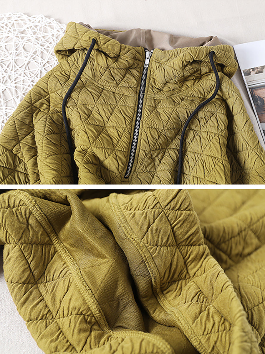 Große Größen Einfarbiges Plissiertes Kapuzensweatshirt mit Kordelzug und Reißverschluss