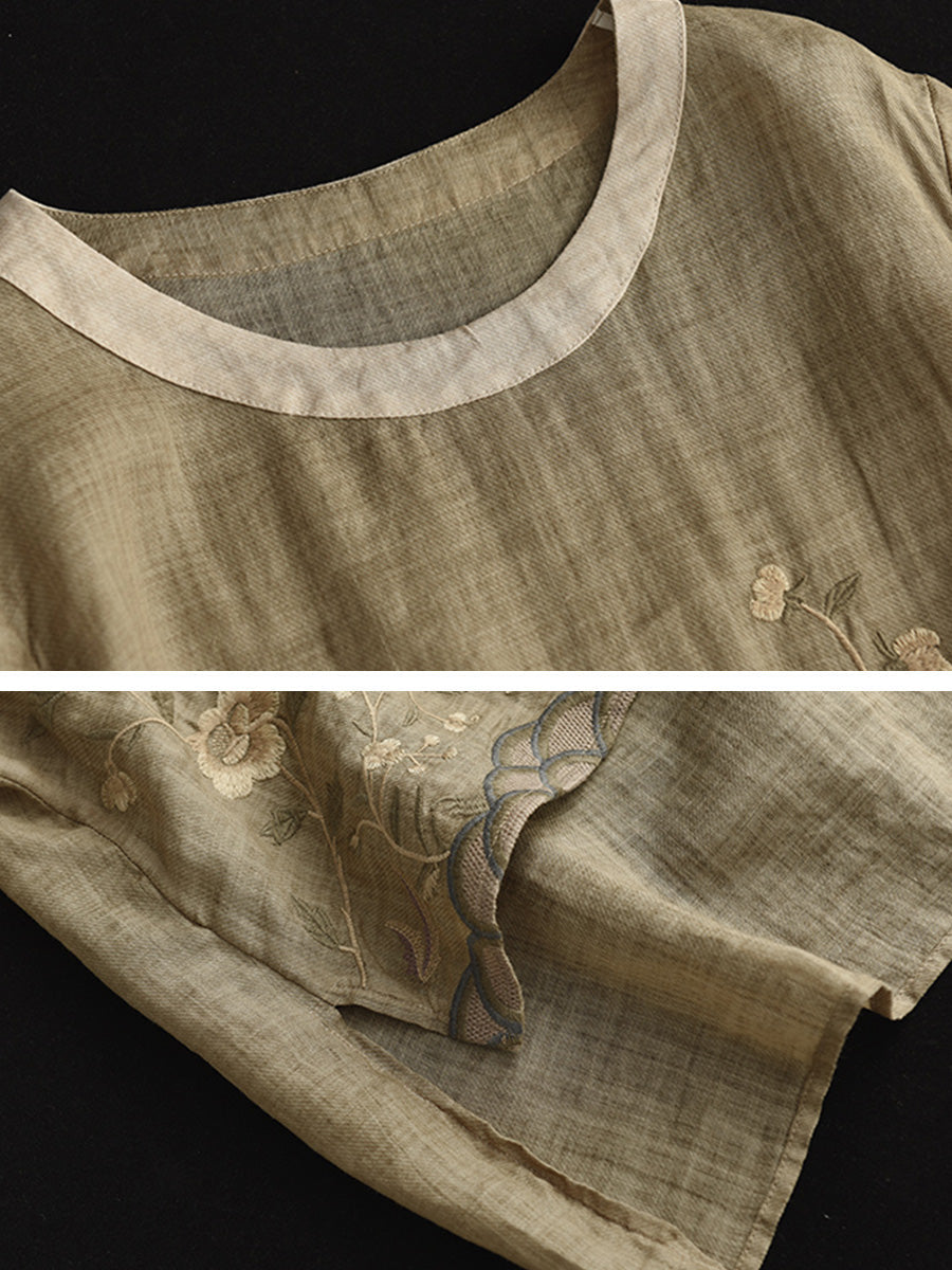 Lässiges Ramie-T-Shirt mit Stickerei für Damen in Übergröße