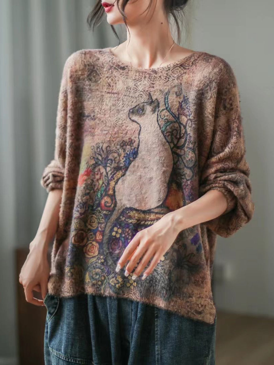 Pull ample décontracté à col rond pour femme grande taille avec motif chat