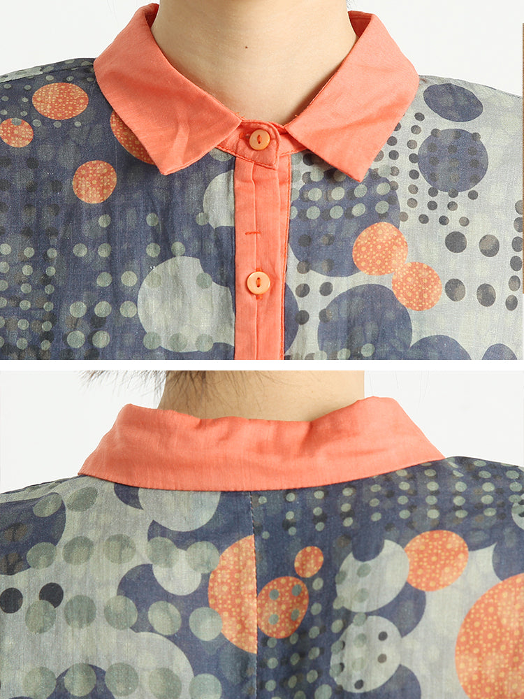 Plus Size Ramie Dots Prints Langärmliges lockeres Damenhemd