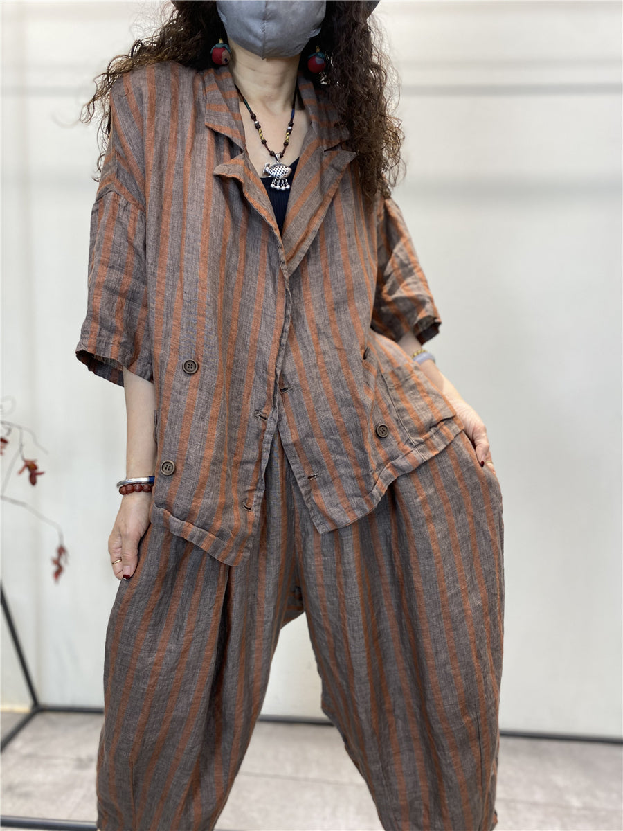 Plus Size Damen Sommer Retro Streifen Knopf Lose Leinenanzüge
