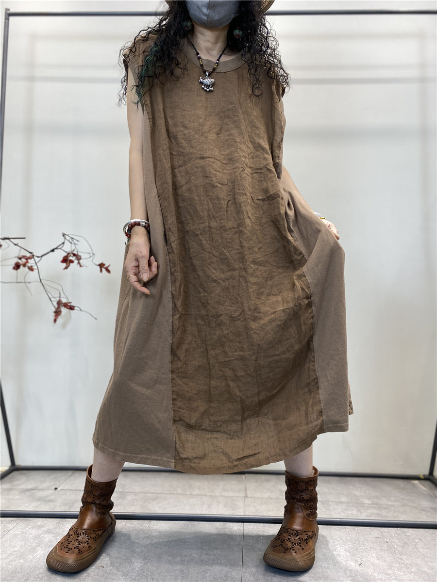 Plus Size Damen Sommer Vintage Gespleißtes Lockeres Baumwollwestenkleid