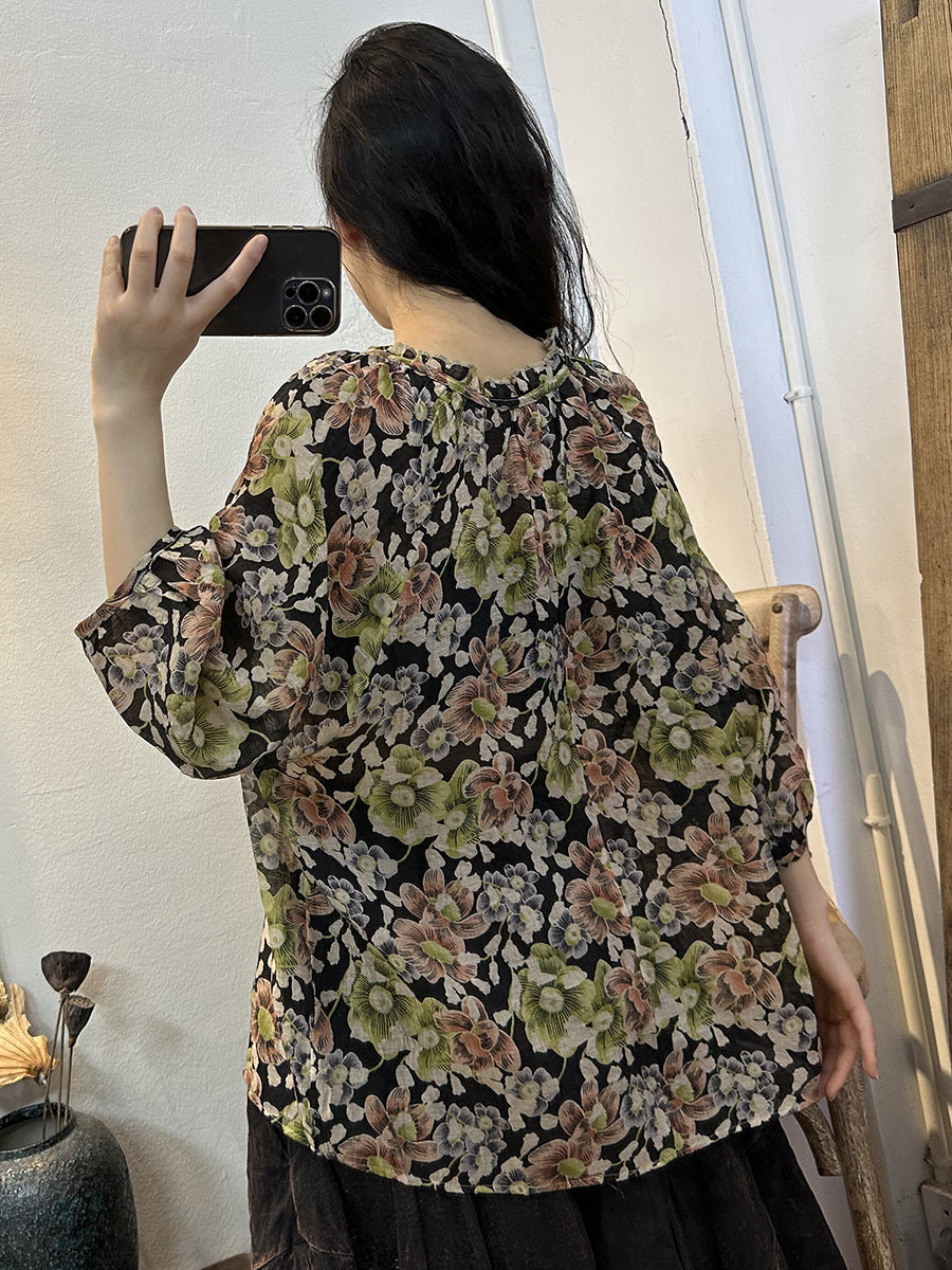 Übergröße Damen Vintage Sommer Blumen Kordelzug dünnes Hemd