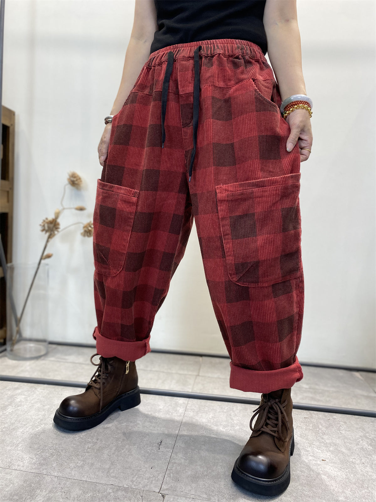 Übergröße Damen Retro Karierte Cord Haremshose