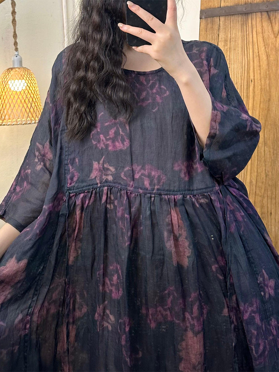 Übergröße Damen Sommer Vintage Blumenträger O-Ausschnitt Ramie Kleid