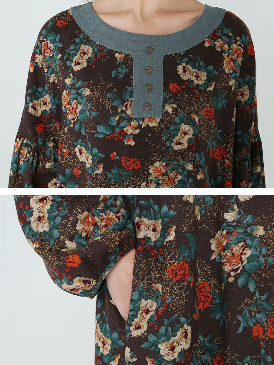 Plus Size Blumen Langarm Frühling Herbst Lockeres Langes Kleid