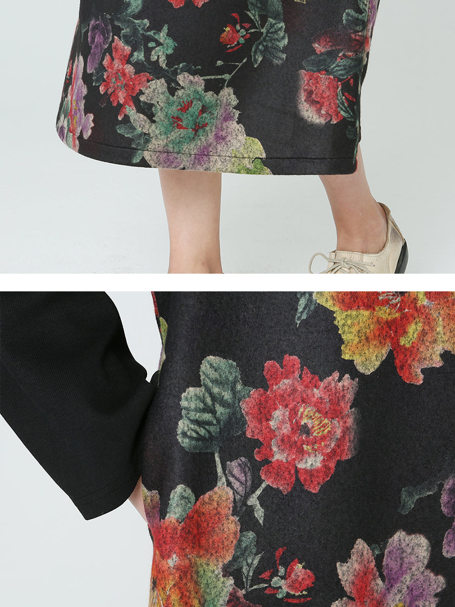 Übergröße Blumendruck Rollkragen Langarm Frühling Winter Kleid M-2XL