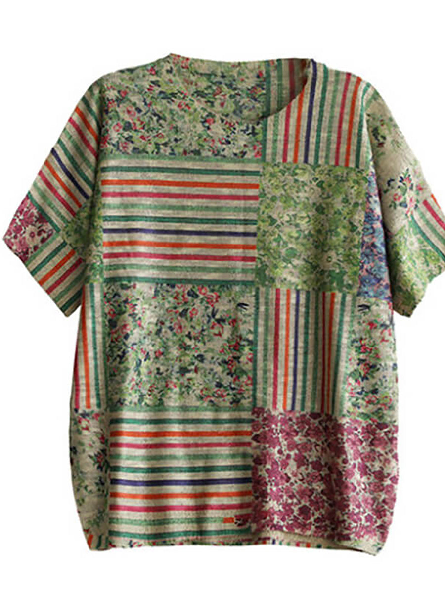 Übergröße - Baumwoll-T-Shirt mit Blumenmuster und Stricknähten für Damen