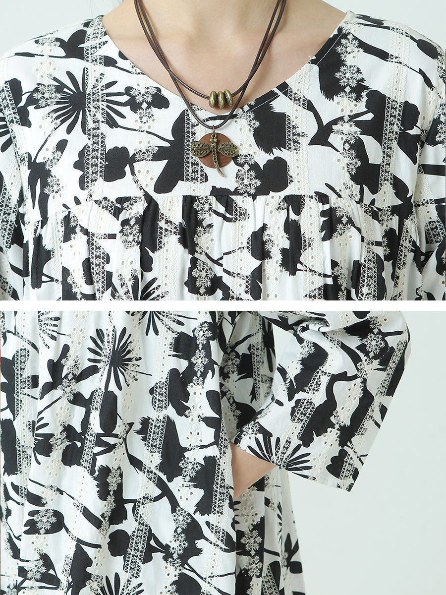 Plus Size Kleid mit Blumenmuster, Rundhalsausschnitt, langen Ärmeln und Plissee