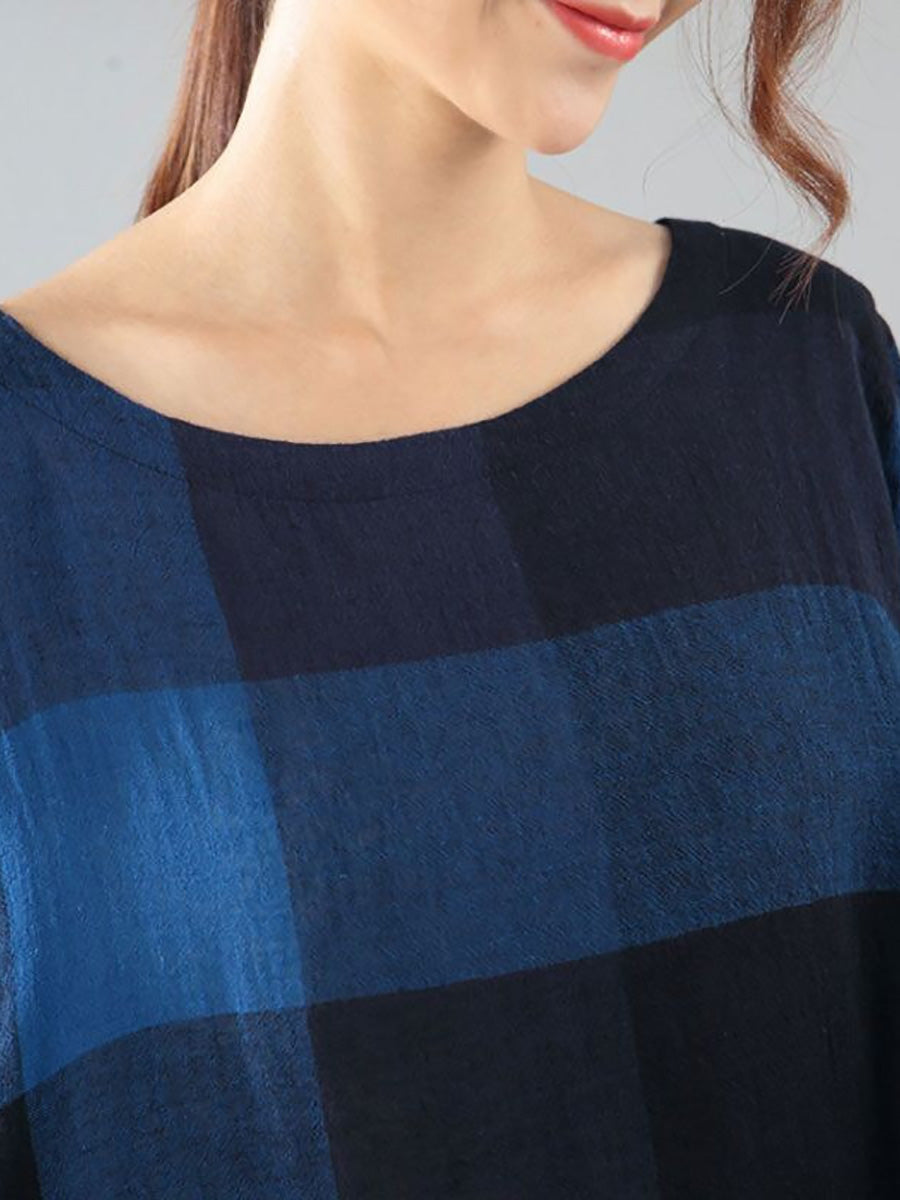 Plus Size Damen Literatur Gitter Lose Ellenbogen Ärmel Dunkelblau Kleid