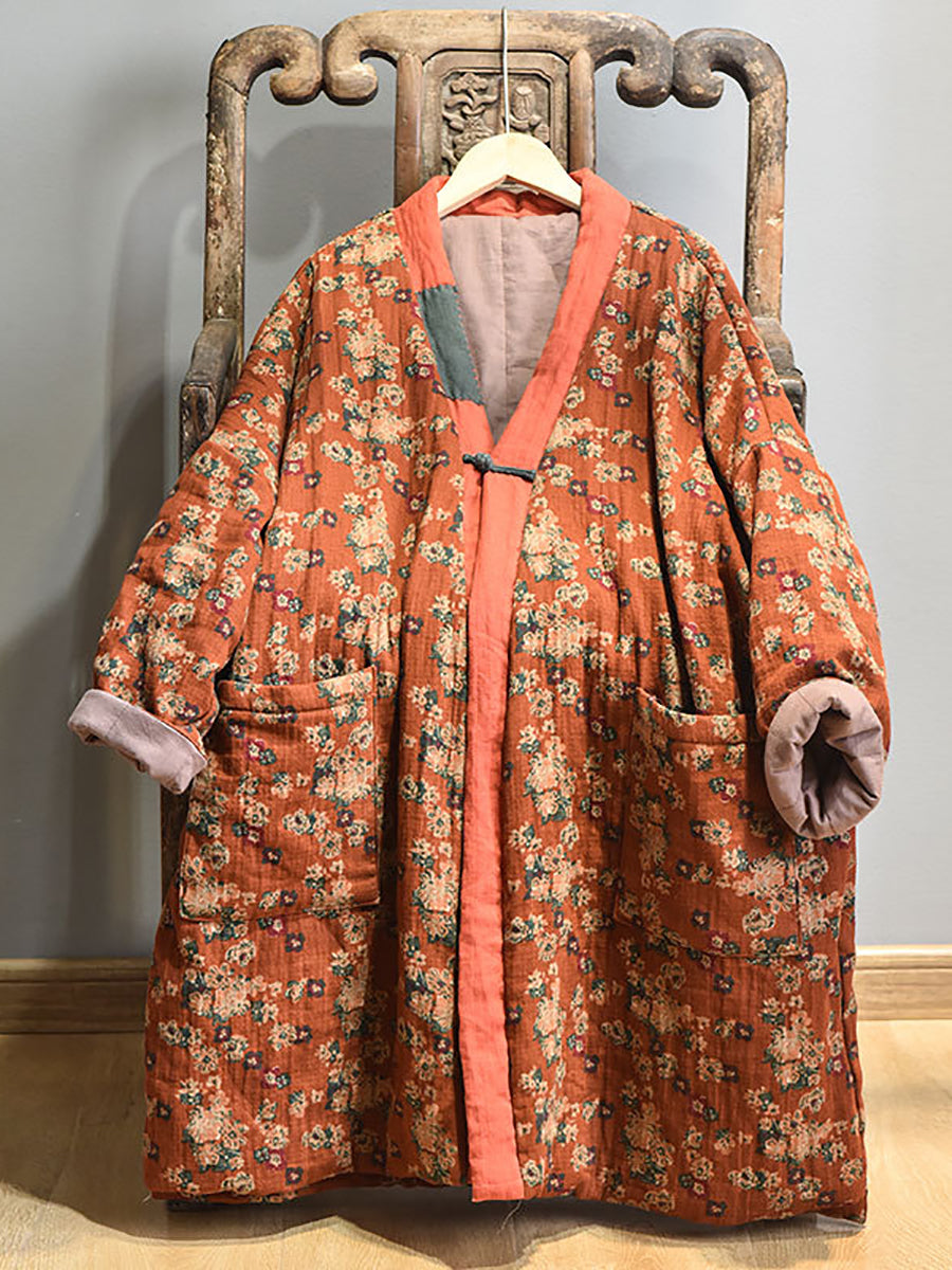 Übergröße - Lockerer, warmer Retro-Mantel mit Blumenmuster und Taschen