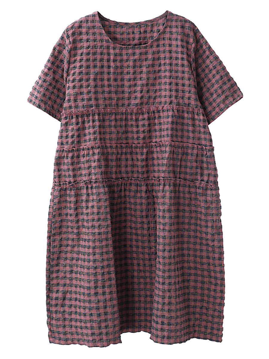 Sommerliches kariertes Rundhals-Midikleid aus Baumwollleinen in Übergröße