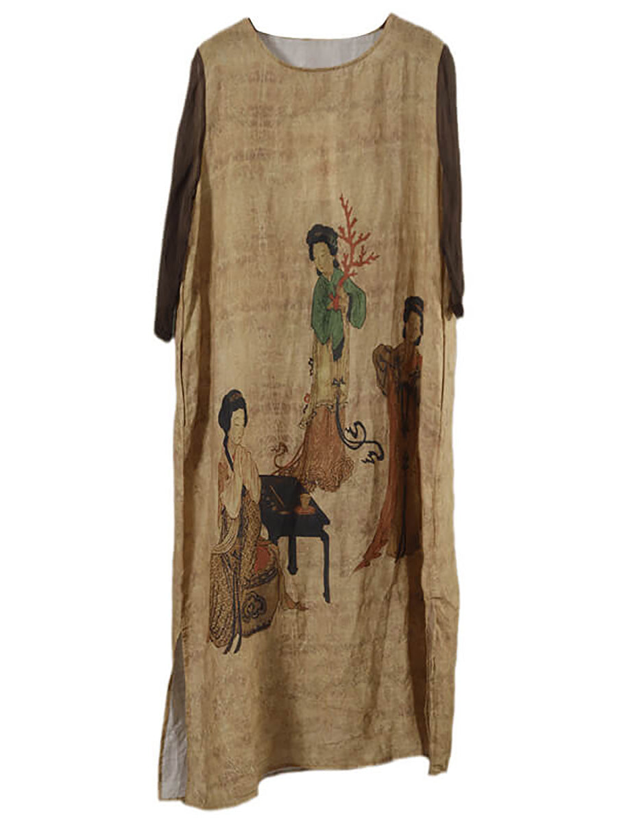 Übergröße Damen Vintage Lässiges Maxikleid mit O-Ausschnitt