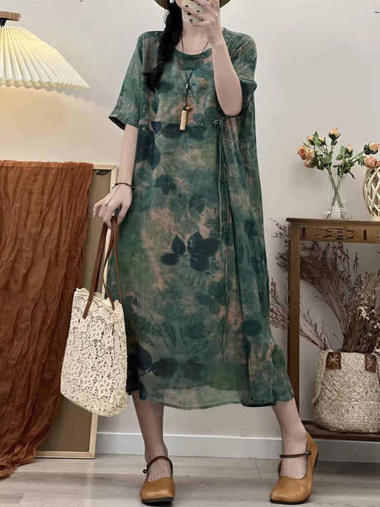 Übergröße Damen Rerto Sommer Print Lockeres Reise Ramie Kleid