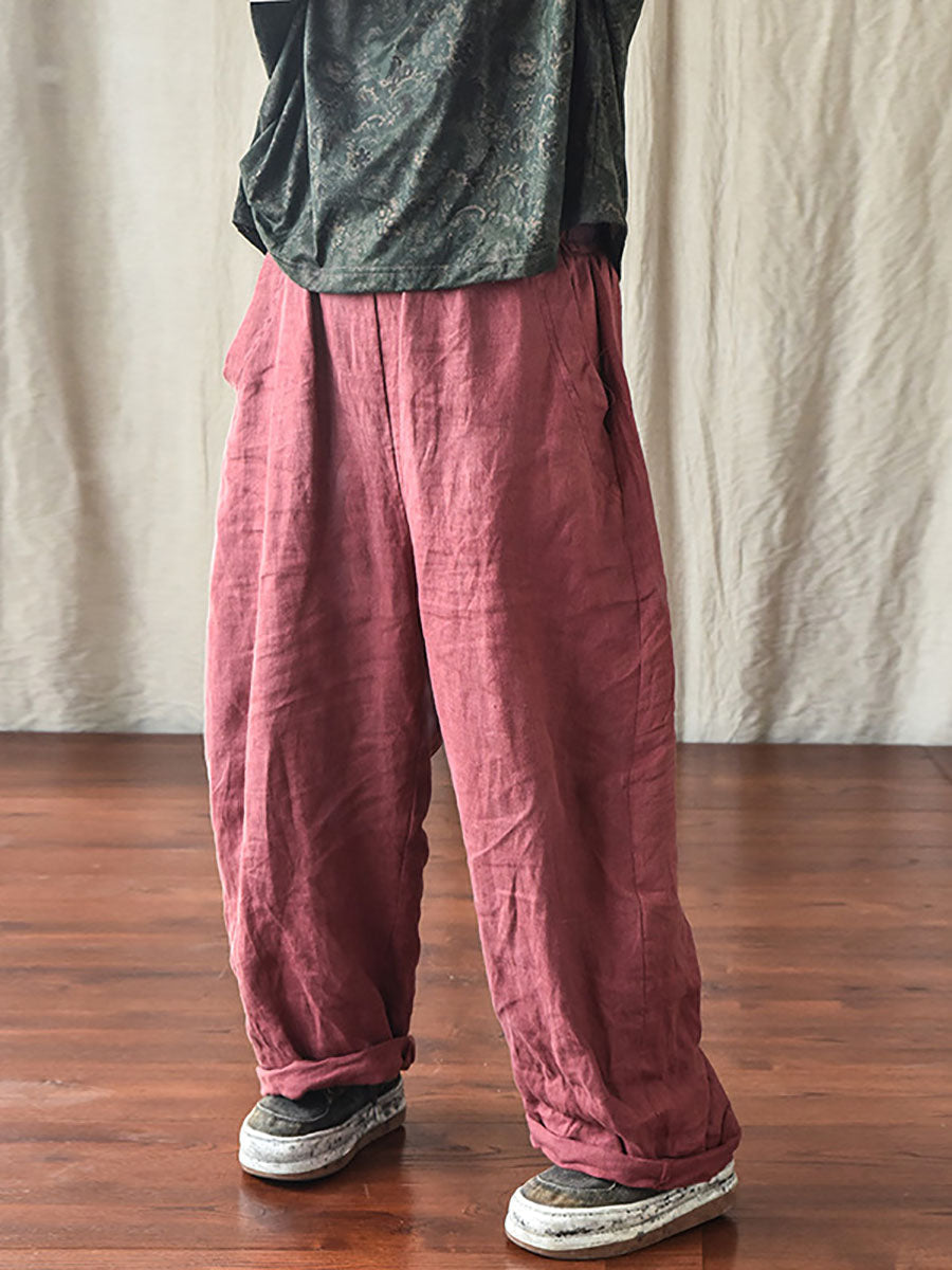 Übergröße Damen Casual Solid Loose Elastic Waist Leinenhose