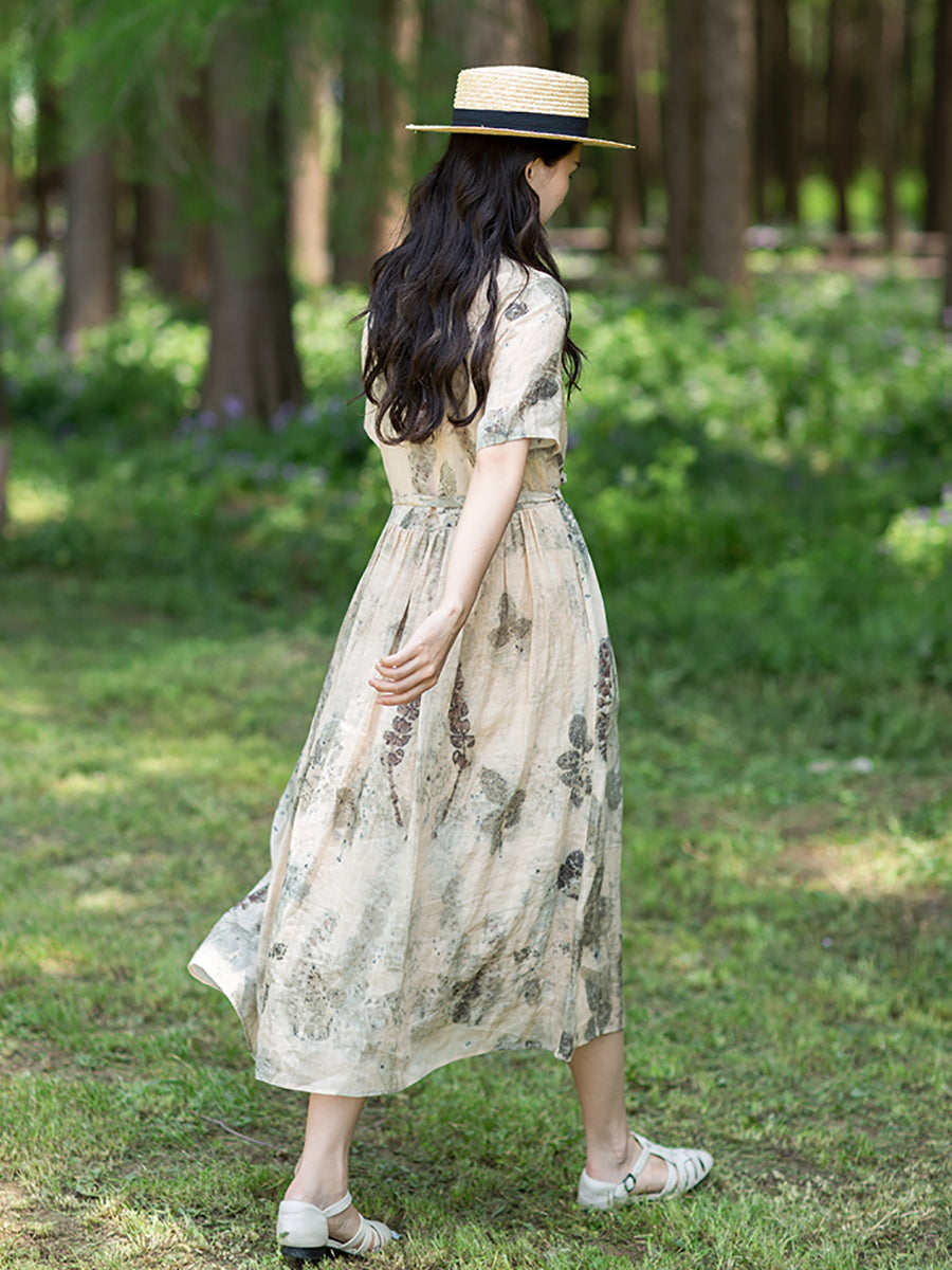 Große Größen Damen Artsy Tintendruck Ramie Kleid mit Kordelzug