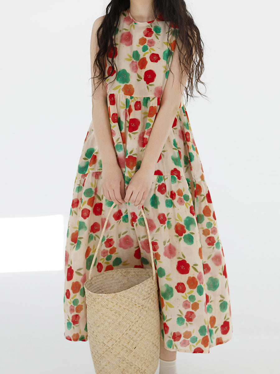 Plus Size Damen Sommer süßes Blumenmuster gespleißtes Falten-Westenkleid mit O-Ausschnitt