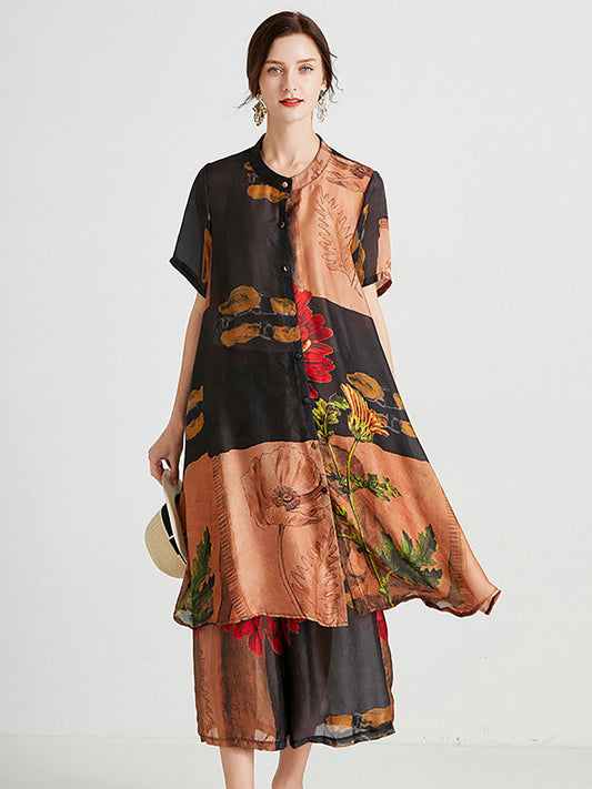 Übergröße Damen Artsy Flower Spliced ​​Langes Hemd + Hose