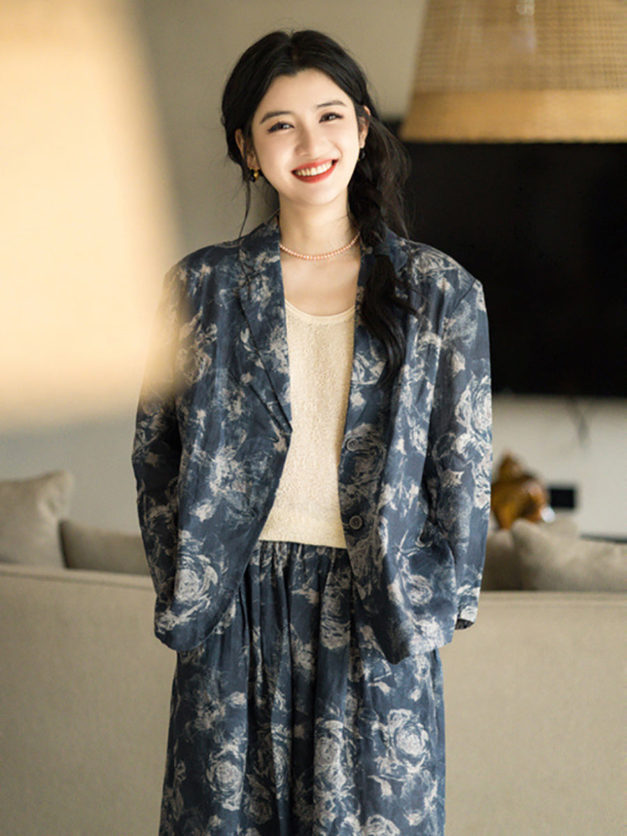 Übergröße Damen Sommer Vintage Print Dünne Ramie Jacke