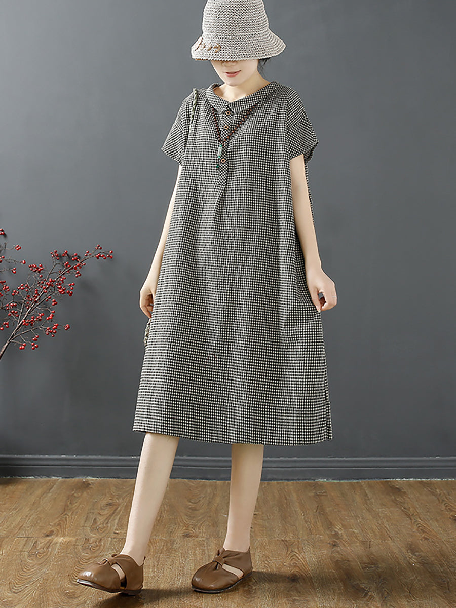 Plus Size Damen Sommer Retro Gitterknopf Polokragen Lockeres Kleid