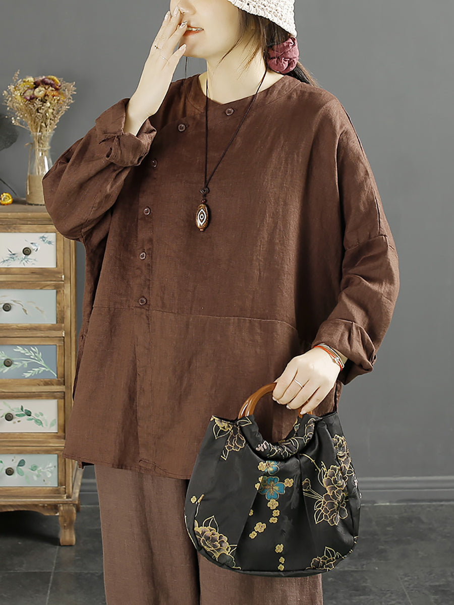 Große Größen Damen Solide Vintage Slant-Closed Leinen Hemd