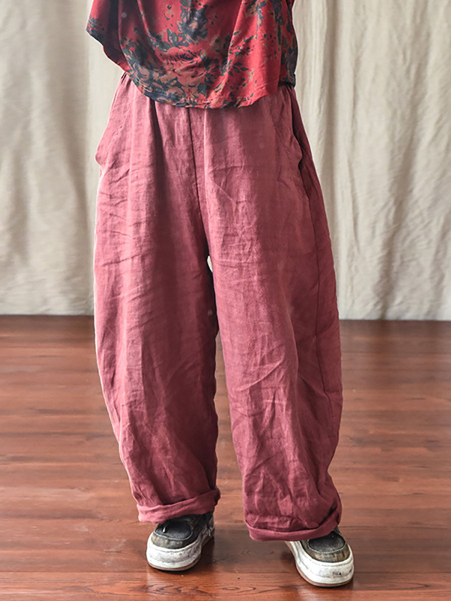 Übergröße Damen Casual Solid Loose Elastic Waist Leinenhose