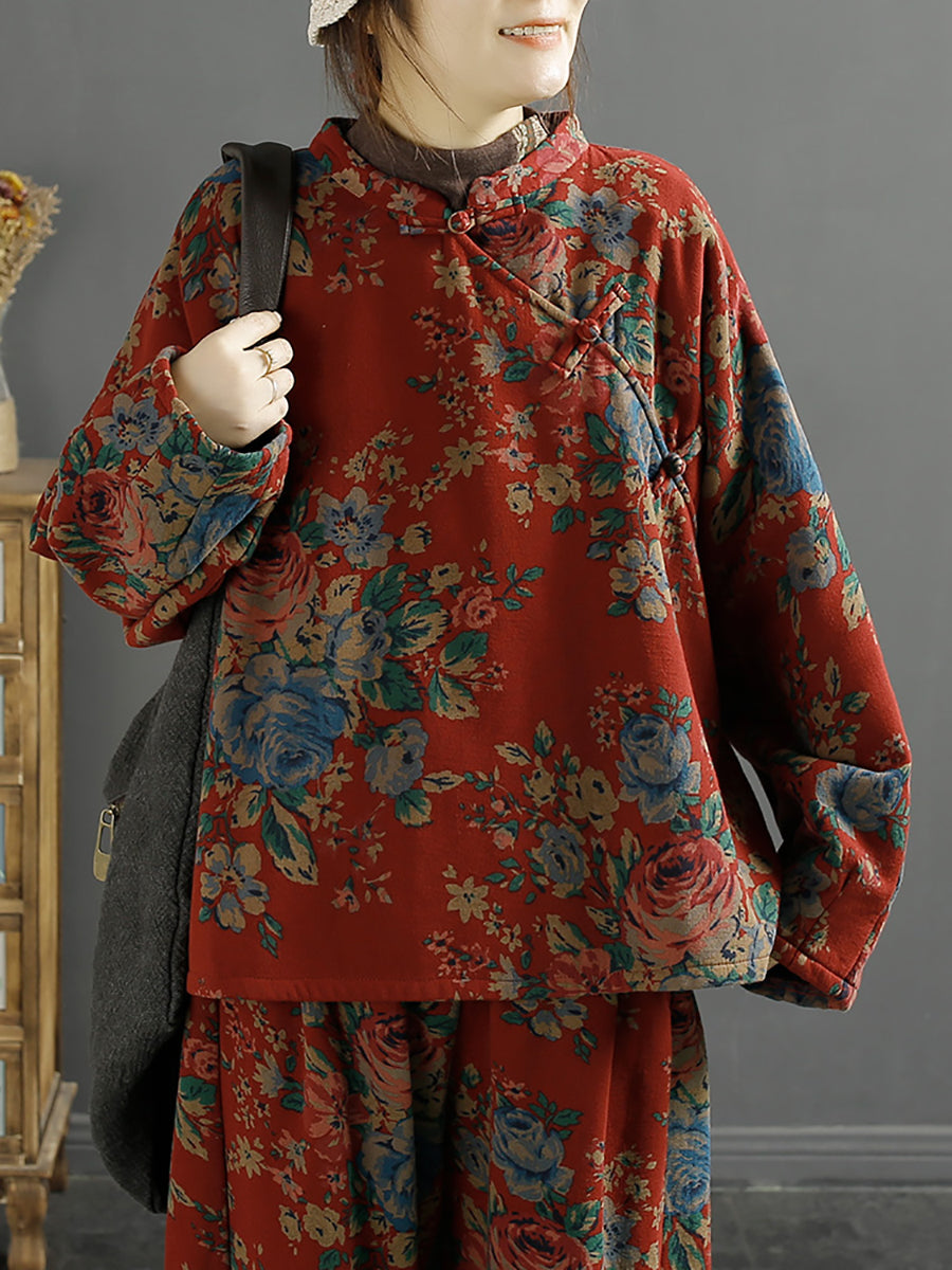 Übergröße Damen Ethno Blumen Lose Schräge Bluse