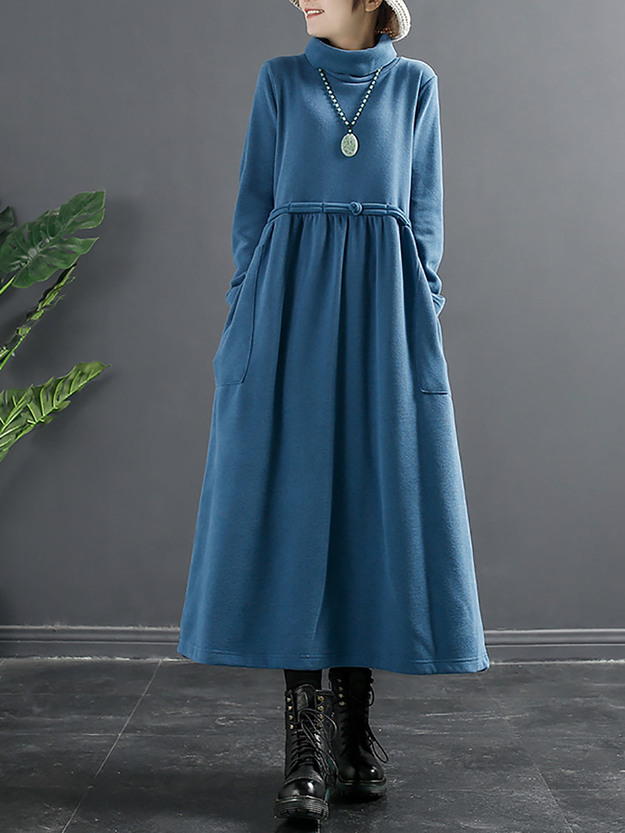 Übergröße Damen Reine Farbe Rollkragen Drapiertes langes Kleid