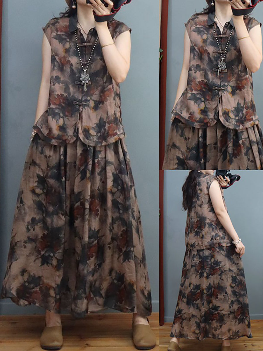 Plus Size Damen Sommer Leinenhemd/-rock im chinesischen Stil mit Tintenblumen-Froschmotiv