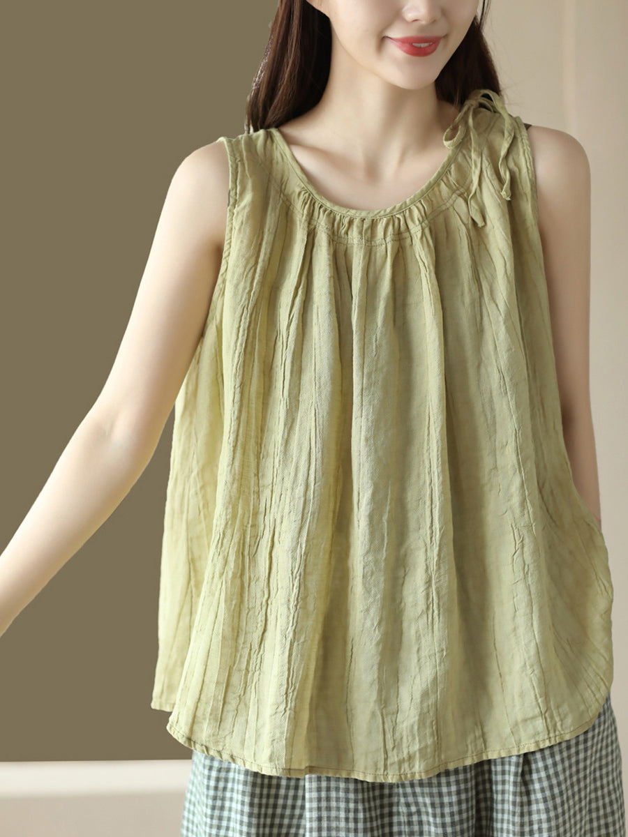 Übergröße Damen Retro Solid Loose Kordelzug Ramie Weste