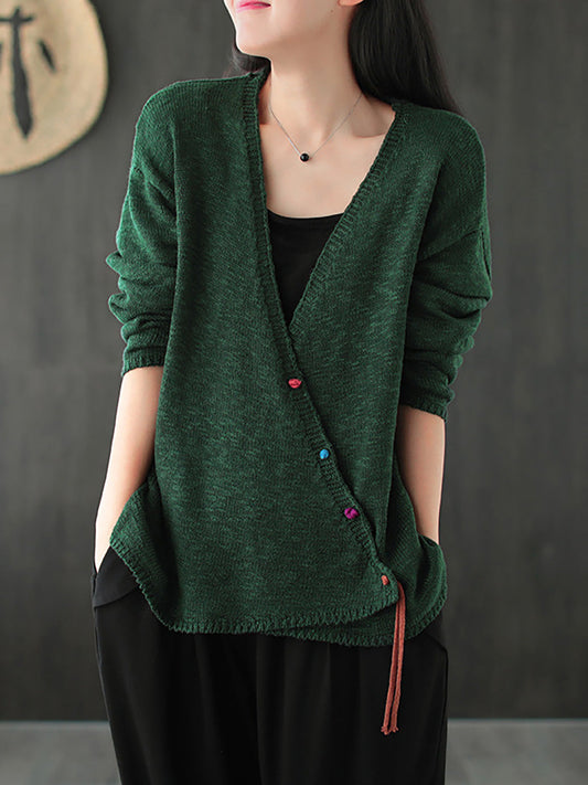 Übergröße - Gestrickter Retro-Pullovermantel mit V-Ausschnitt für Damen in reiner Farbe