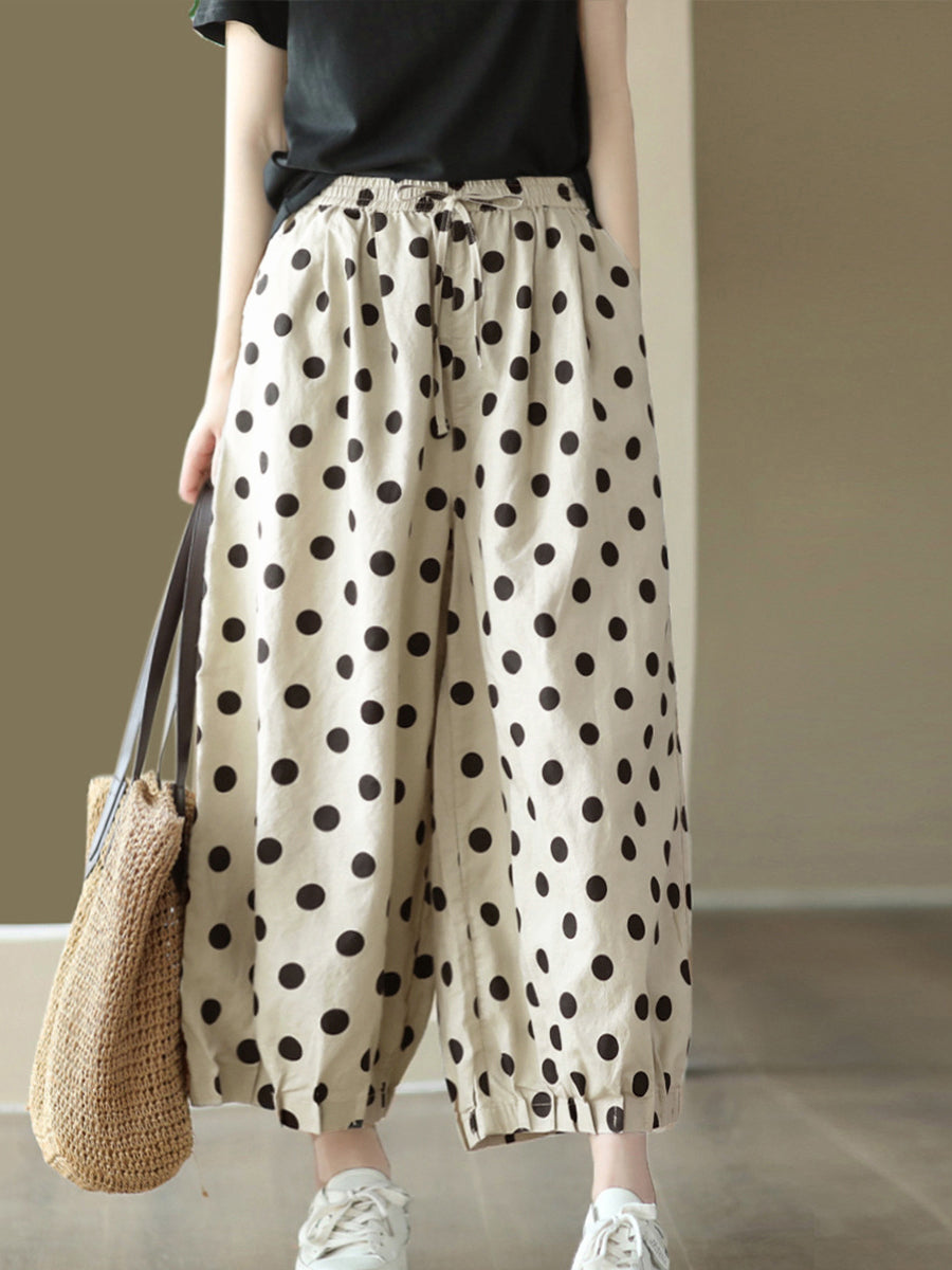 Übergröße Damen Vintage Dot geraffte Hose aus Leinen mit weitem Bein und Kordelzug