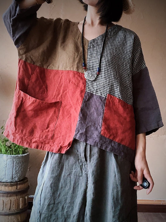 Chemise ample irrégulière en lin pour femmes de grande taille avec poches épissées et patch rétro