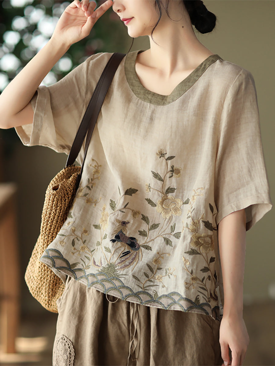 Lässiges Ramie-T-Shirt mit Stickerei für Damen in Übergröße