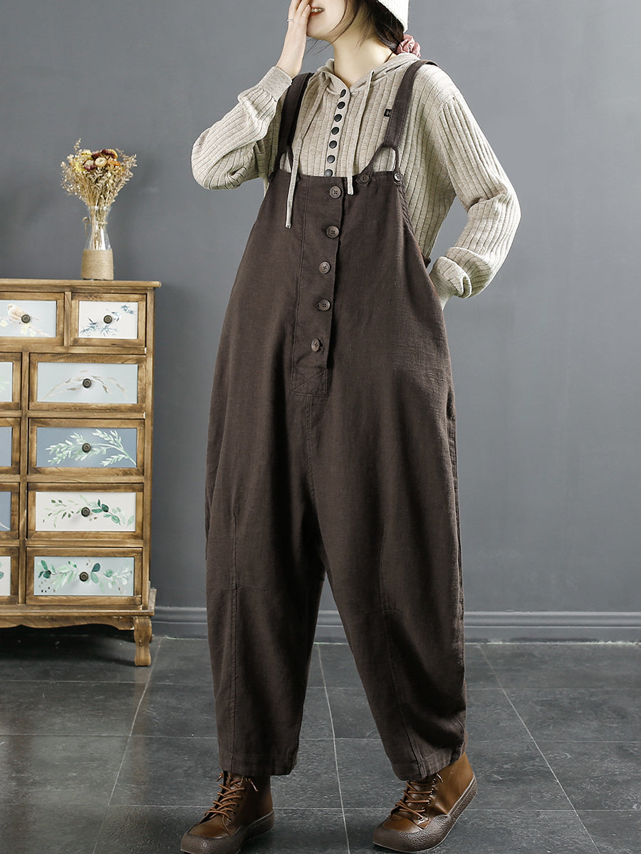 Plus Size Damen Vintage Einfarbiger Lockerer Overall aus Leinen