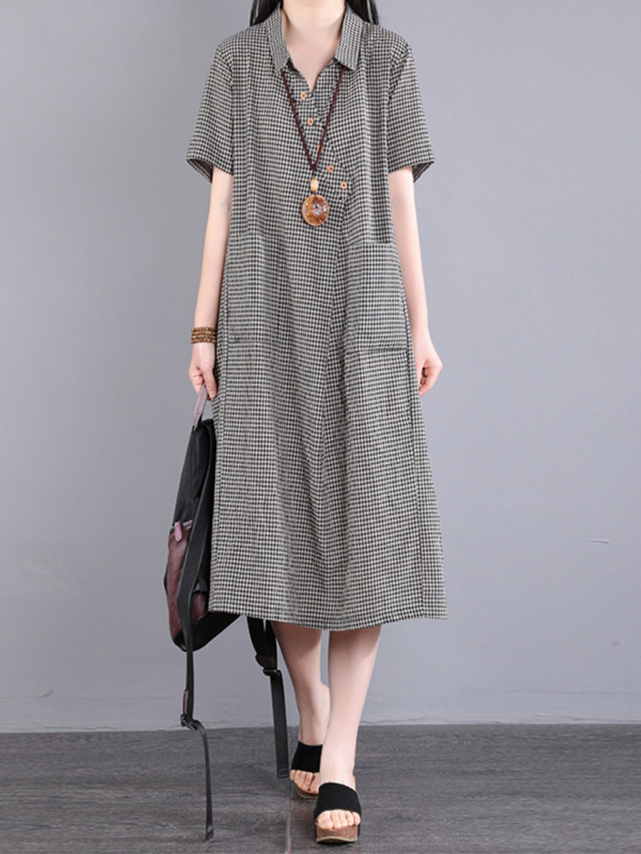 Übergröße Damen Casual Plaid Schrägverschluss Knopf Lockeres Kleid