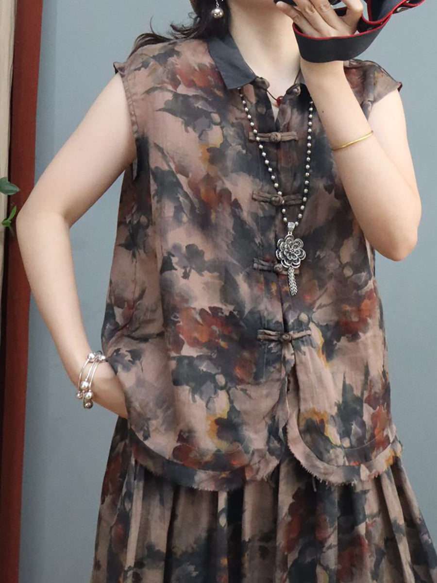 Plus Size Damen Sommer Leinenhemd/-rock im chinesischen Stil mit Tintenblumen-Froschmotiv