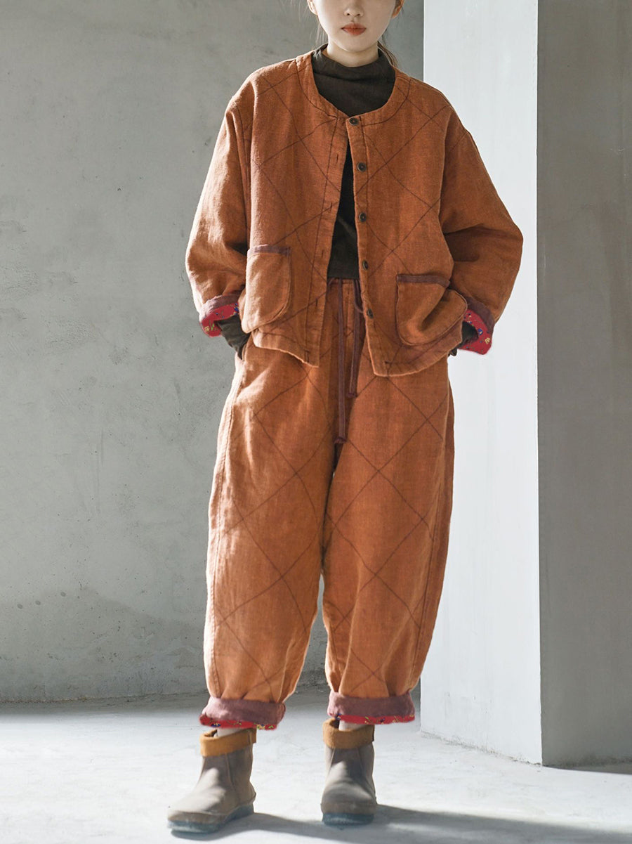 Gepolsterter Wintermantel aus Leinen im Vintage-Stil für Damen in Übergröße